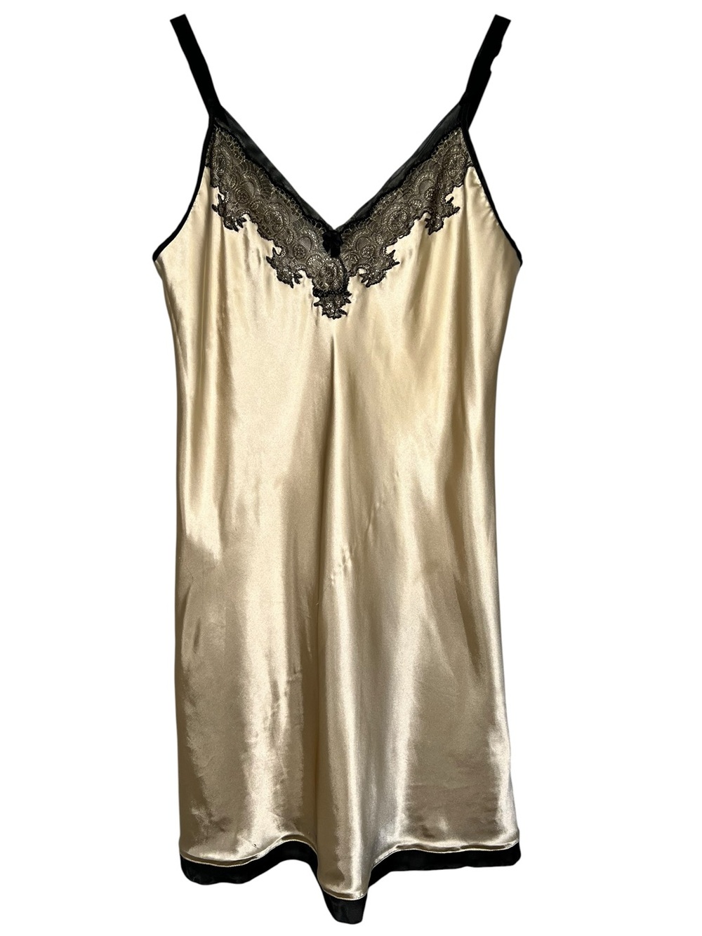 Oscar de la Renta Gold Satin Slip Dress with Black Lace Trim Medium Romantic